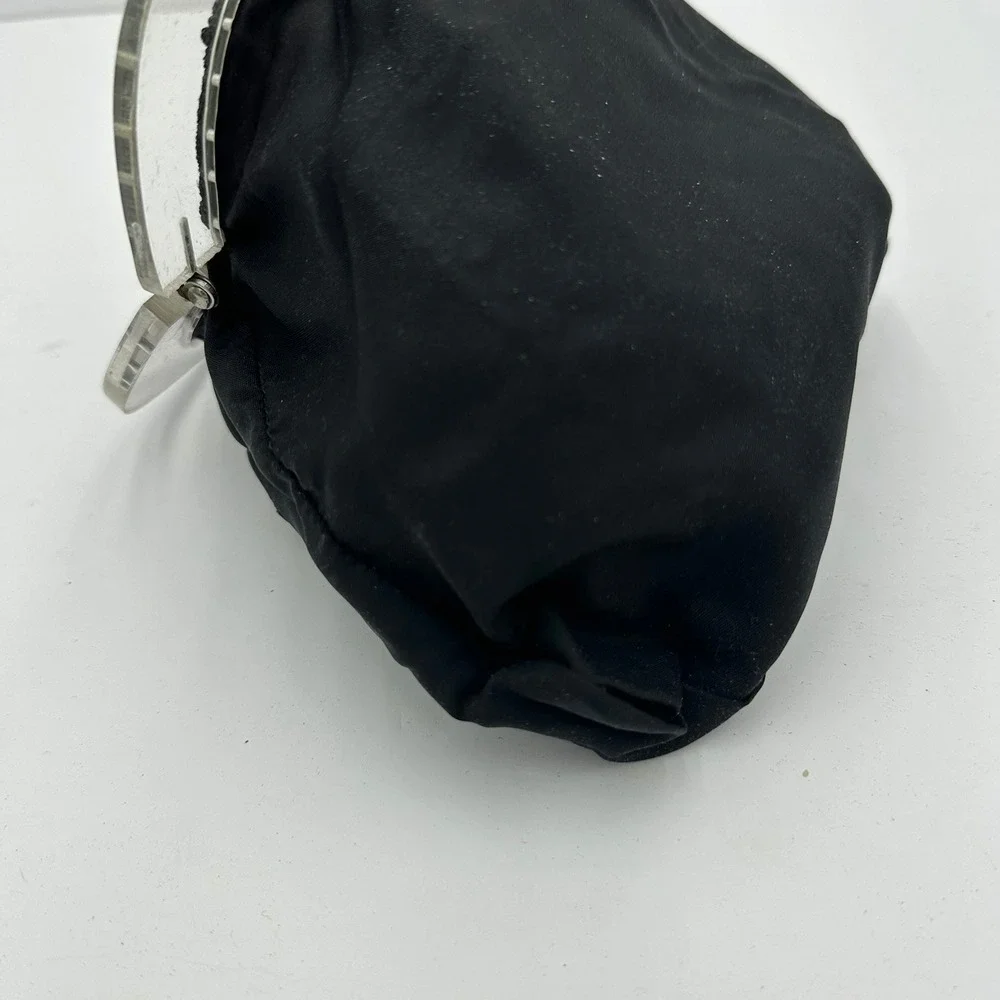 Vintage Black Corde Wristlet Handbag Clear Lucite Frame Triangle Stitch 50s MCM